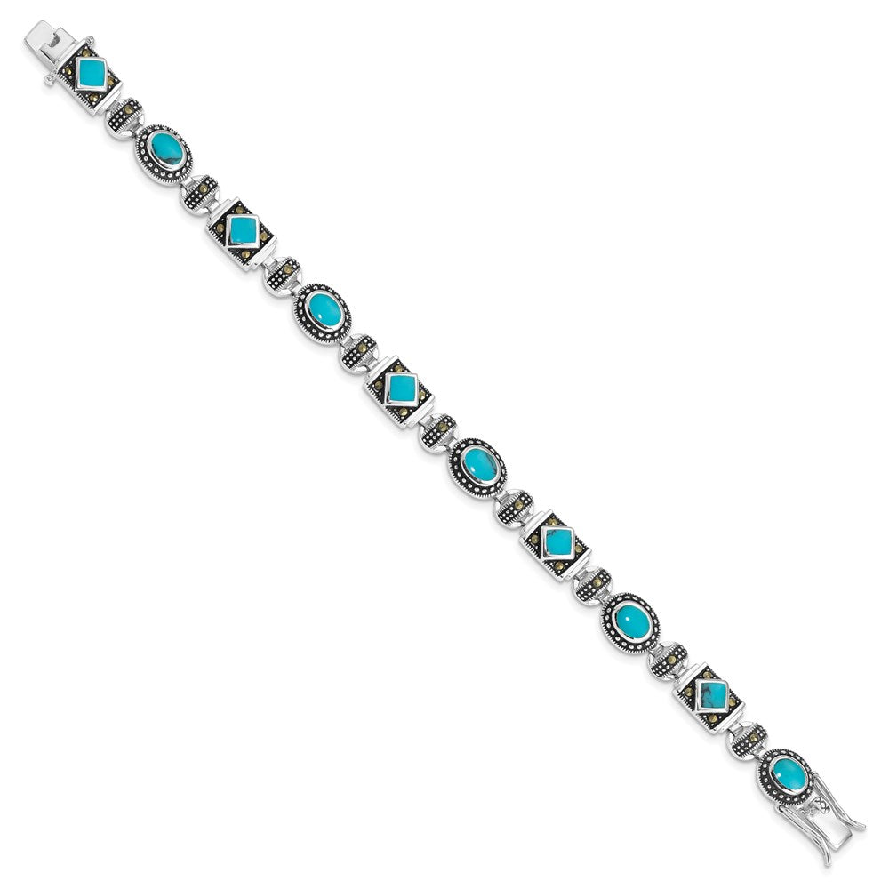 7 Zoll Sterlingsilber Rhodiniert Synth Türkis und Markasit Armband