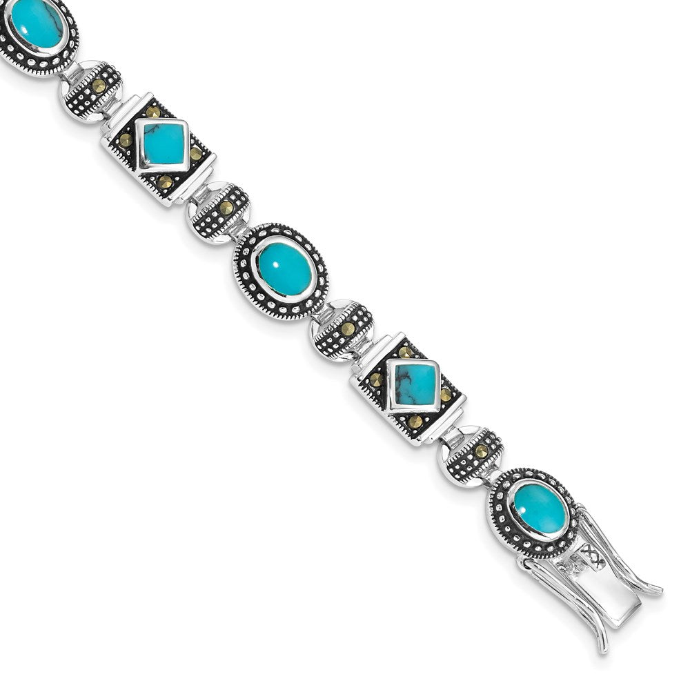 7 Zoll Sterlingsilber Rhodiniert Synth Türkis und Markasit Armband
