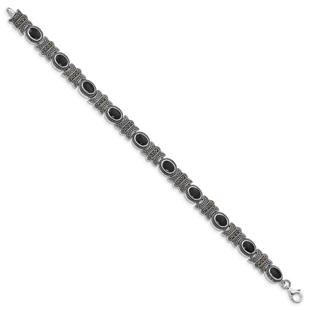 Sterlingsilber Rhodiniert Markasit und Onyx 7.25 Zoll Armband