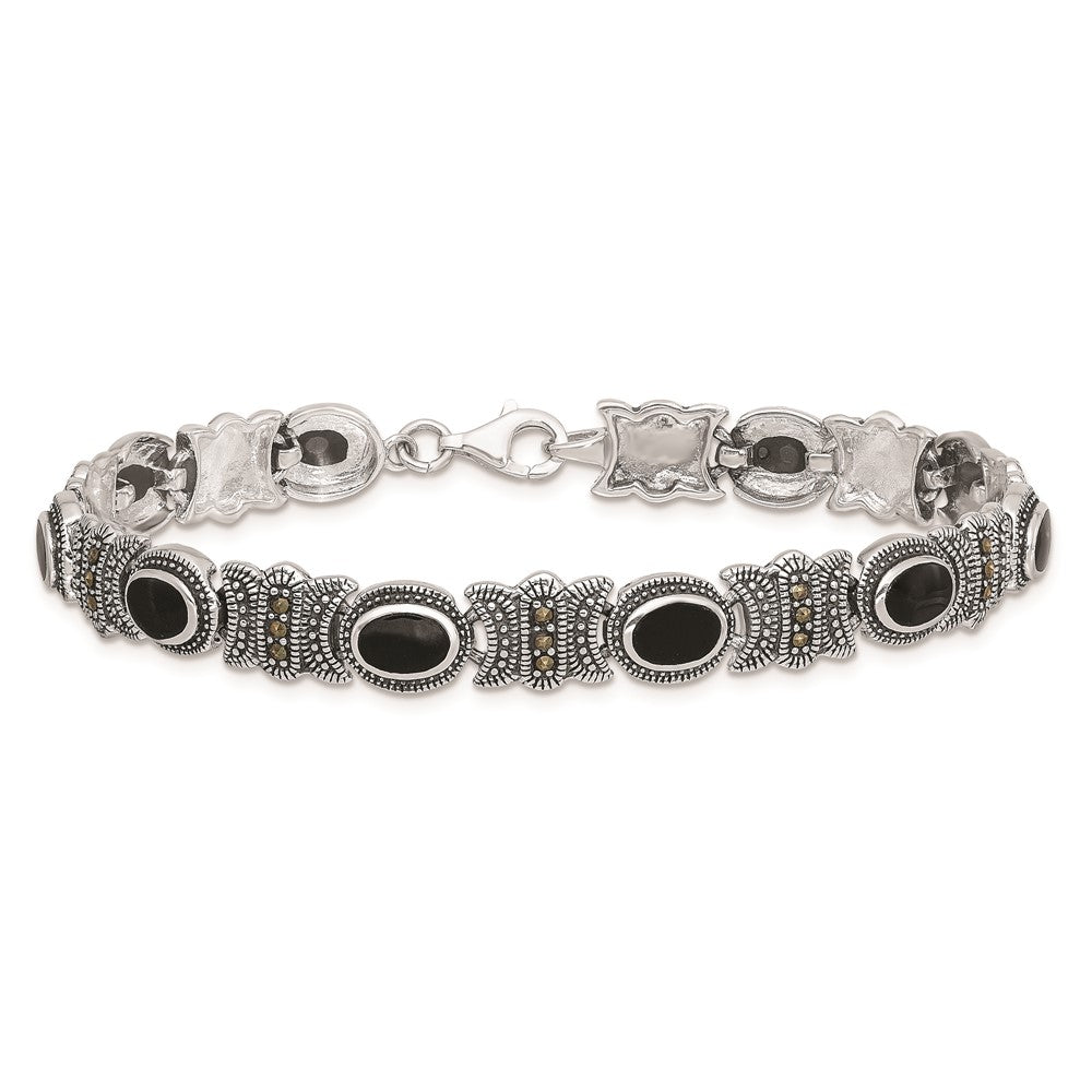 Sterlingsilber Rhodiniert Markasit und Onyx 7.25 Zoll Armband