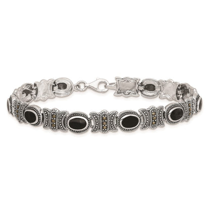 Sterlingsilber Rhodiniert Markasit und Onyx 7.25 Zoll Armband