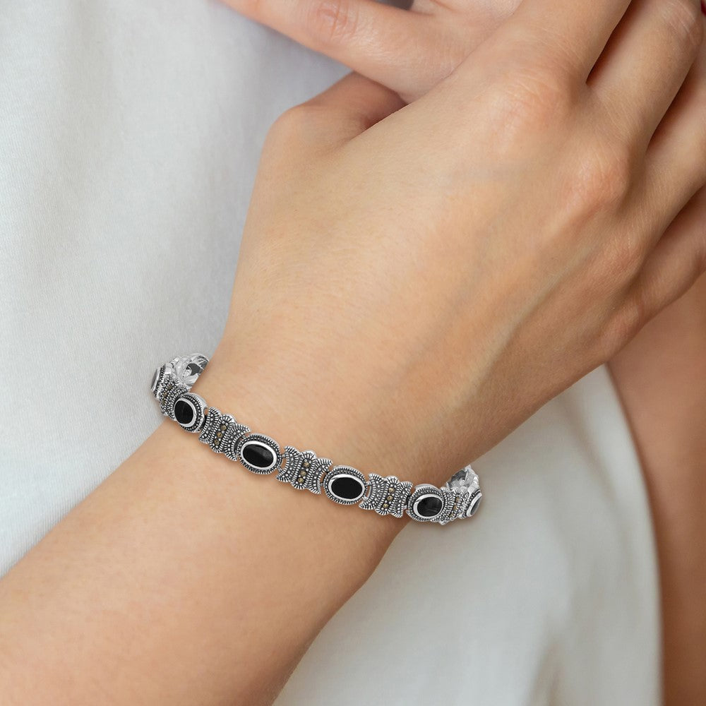 Sterlingsilber Rhodiniert Markasit und Onyx 7.25 Zoll Armband