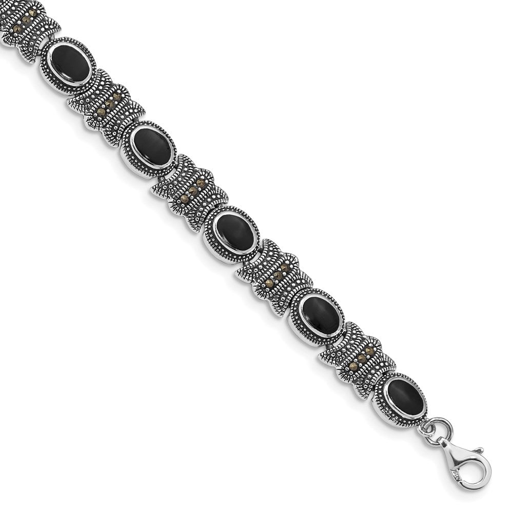 Sterlingsilber Rhodiniert Markasit und Onyx 7.25 Zoll Armband