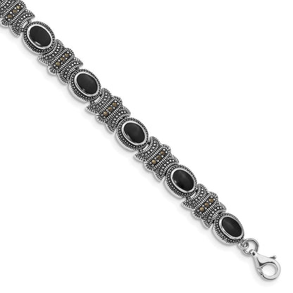Sterlingsilber Rhodiniert Markasit und Onyx 7.25 Zoll Armband