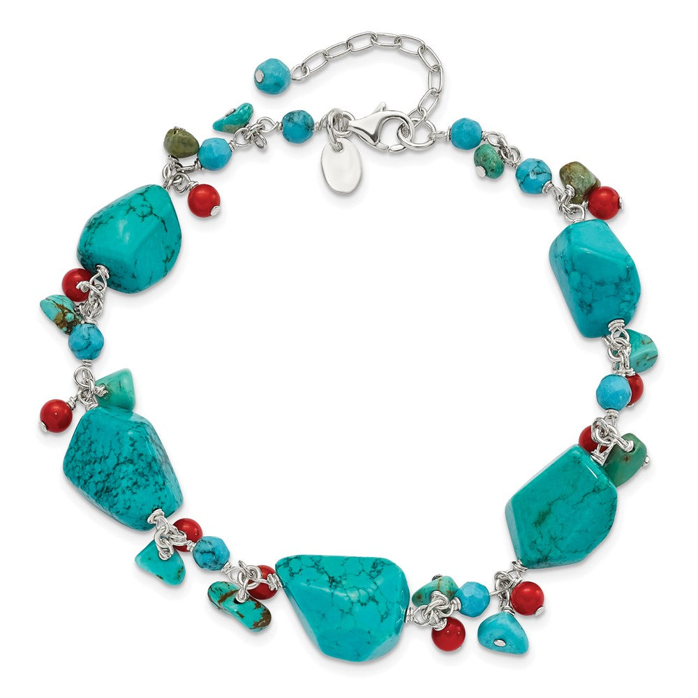 7.5 Zoll Sterlingsilber Dyed Howlite/turquoise/red Coral Armband