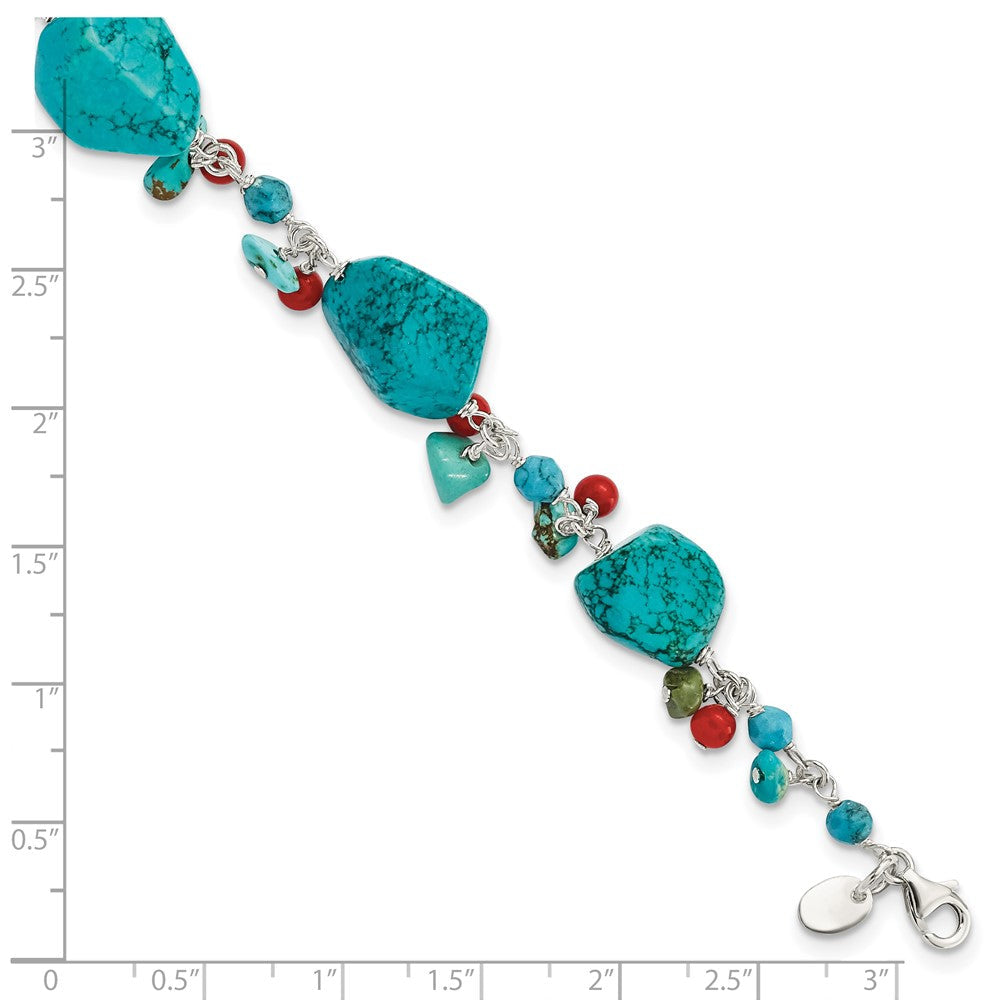 7.5 Zoll Sterlingsilber Dyed Howlite/turquoise/red Coral Armband