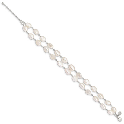 8.5 Zoll Sterlingsilber 2-strand Weiß Baroque Fw Zuchtperle 8.5 Zoll Armband