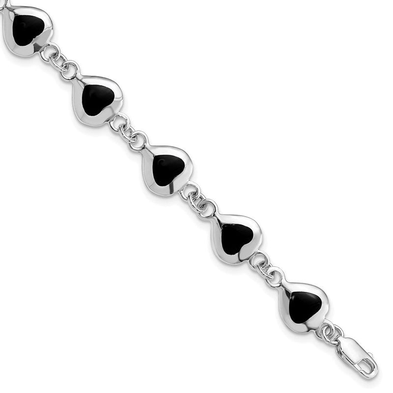 7 Zoll Sterlingsilber Rhodiniert 7inch Fantasie Poliert Herz Onyx Armband