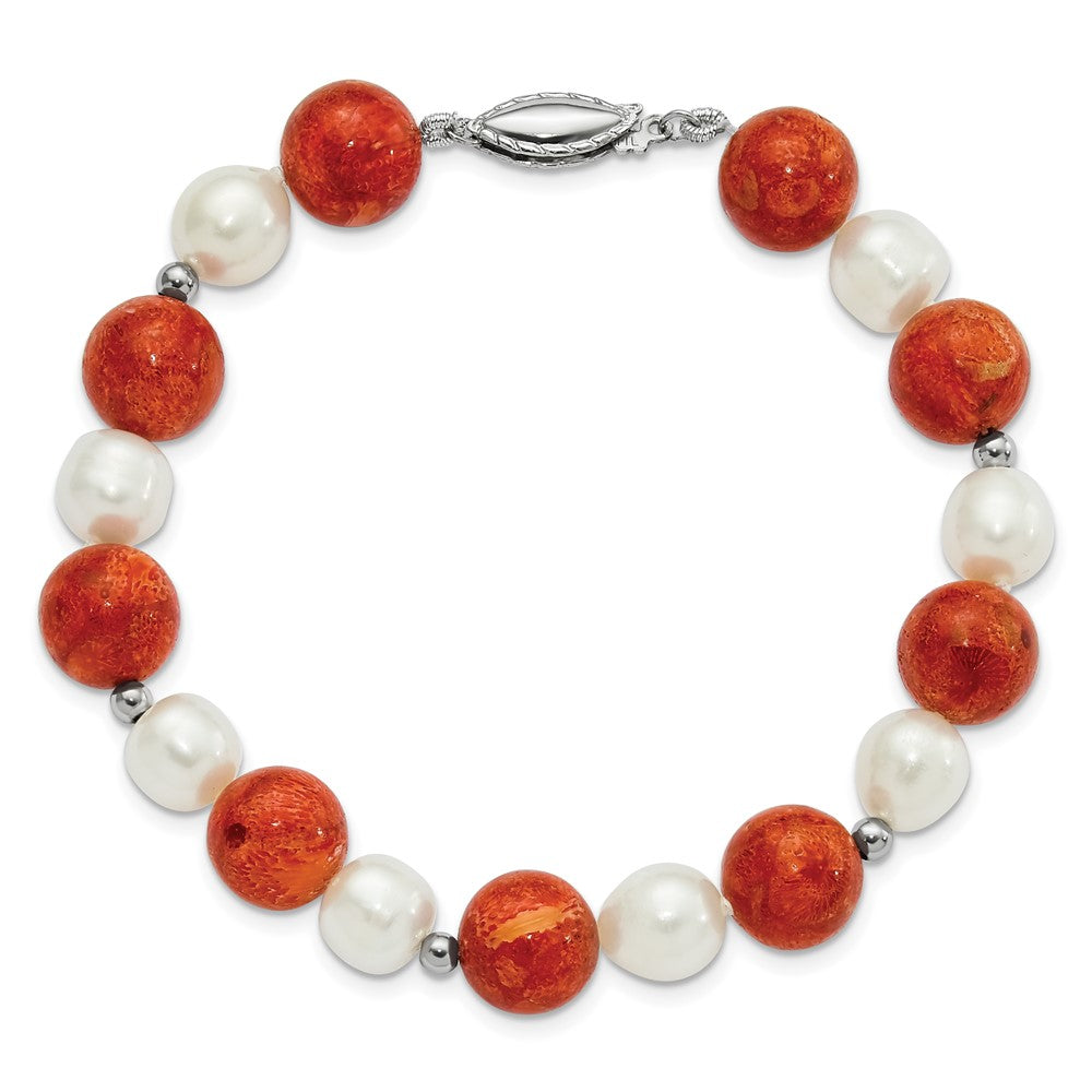 7.5 Zoll Sterlingsilber Fw Zuchtperle /stabilized Rot Coral Armband