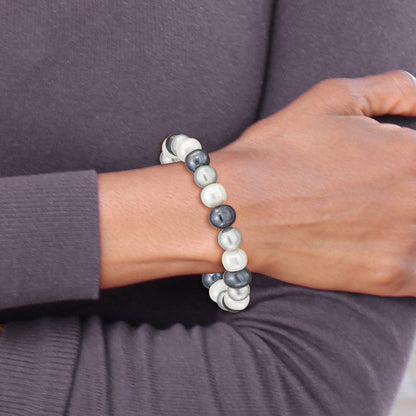 7.5 Zoll 8-9mm Fw Zucht Weiß/platinum/black Perle Dehnbar Armband