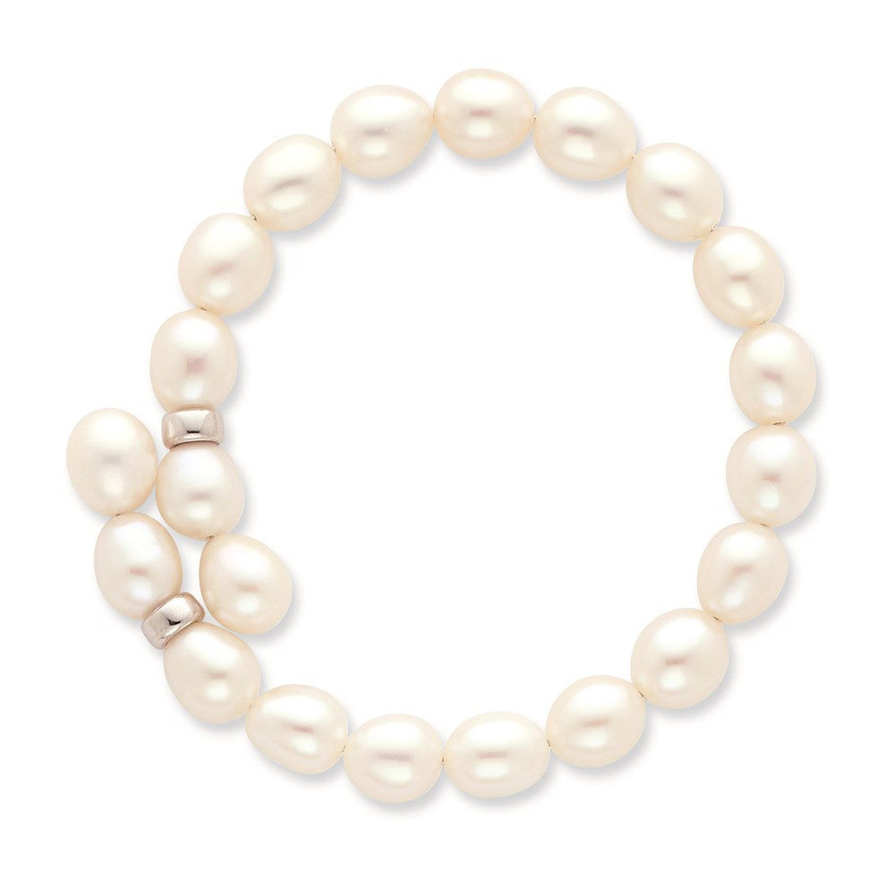 7.5 Zoll Sterlingsilber Rhodiniert 7-8mm Weiß Rice Fw Zuchtperle Flexibel Armband