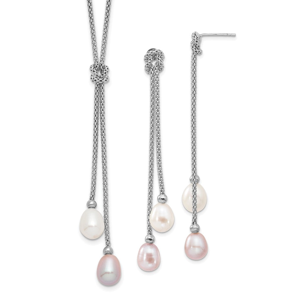 Sterlingsilber Rhodium Fwc Perle Knoten 18 In. Halskette/earring Set