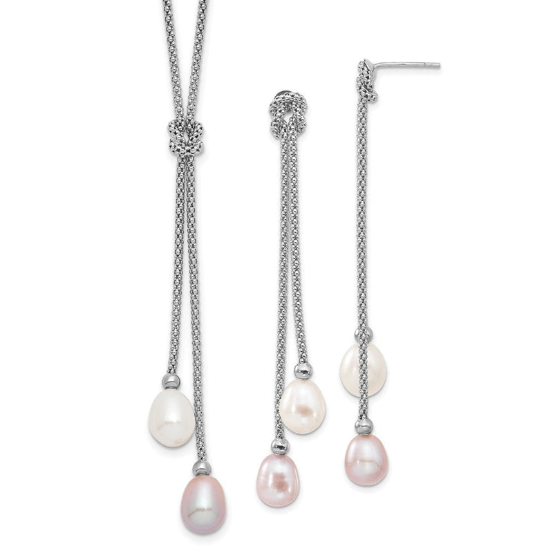 Sterlingsilber Rhodium Fwc Perle Knoten 18 In. Halskette/earring Set