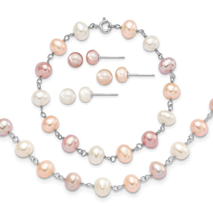 Sterlingsilber Rhodiniert Weiß/pink/purple Fwc Perle Neck/bracelet/ear Set