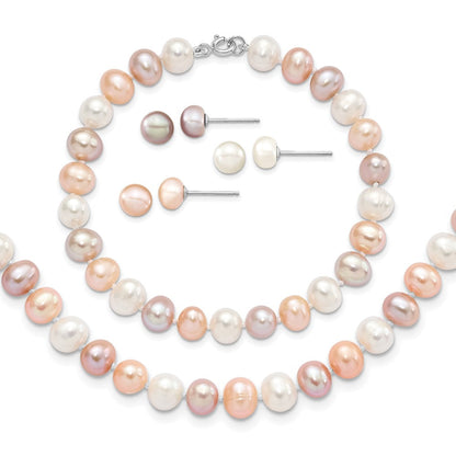 Sterlingsilber Rhodiniert Weiß/pink/purple Fwc Perle Neck/bracelet/ear Set