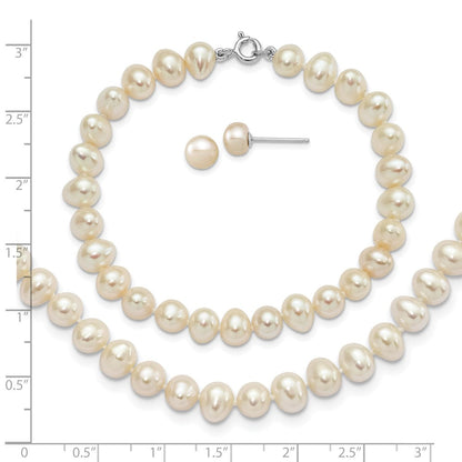 Sterlingsilber Rhodiniert-p 6-7mm Fwc Perle Halskette 7.25 Brace & 1pc Ohrring Set