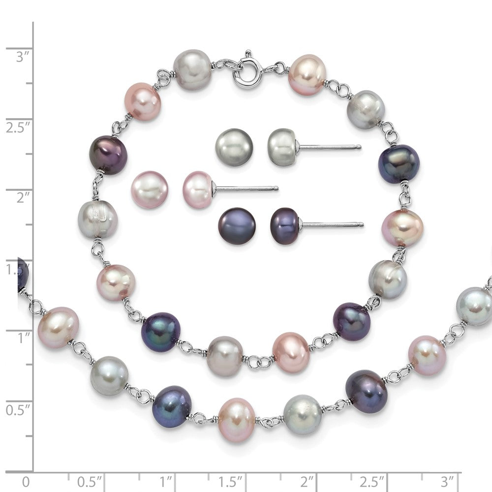 Sterlingsilber Rhodiniert Grau/pink/black Fwc Perle Neck/7.25 Brace/3pc Ohrring