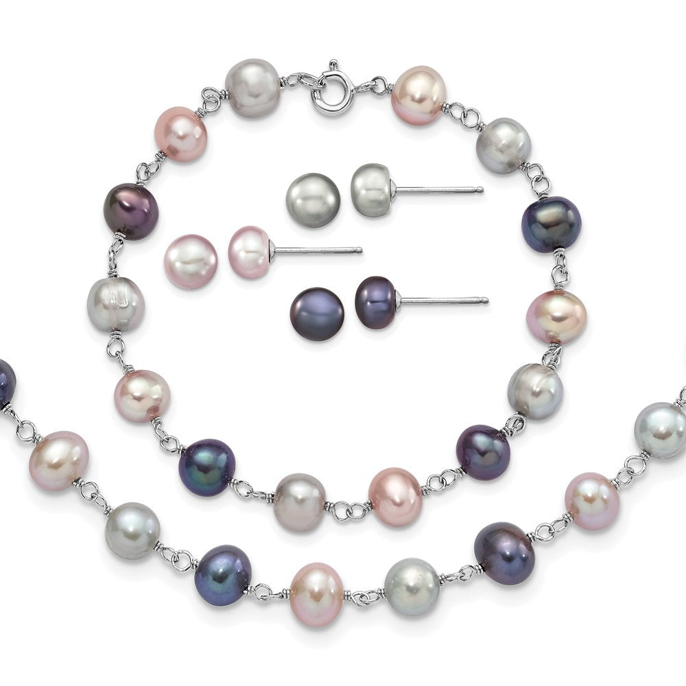 Sterlingsilber Rhodiniert Grau/pink/black Fwc Perle Neck/7.25 Brace/3pc Ohrring
