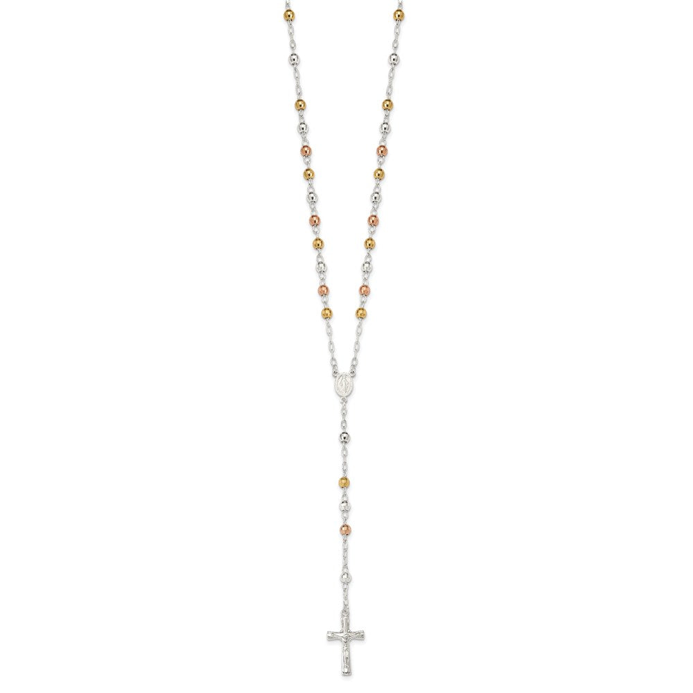 Sterlingsilber Tricolor Poliert Strukturiert Perle Rosenkranz 26 Zoll Halskette