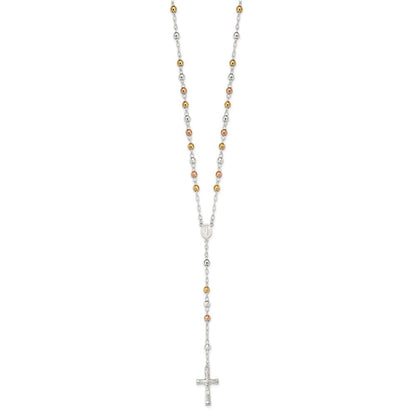 Sterlingsilber Tricolor Poliert Strukturiert Perle Rosenkranz 26 Zoll Halskette