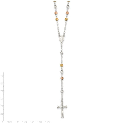 Sterlingsilber Tricolor Poliert Strukturiert Perle Rosenkranz 26 Zoll Halskette