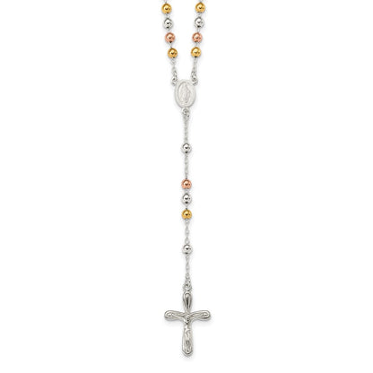 Sterlingsilber Poliert Weiß Rose und Gelb Perle Rosenkranz 18 Zoll Halskette