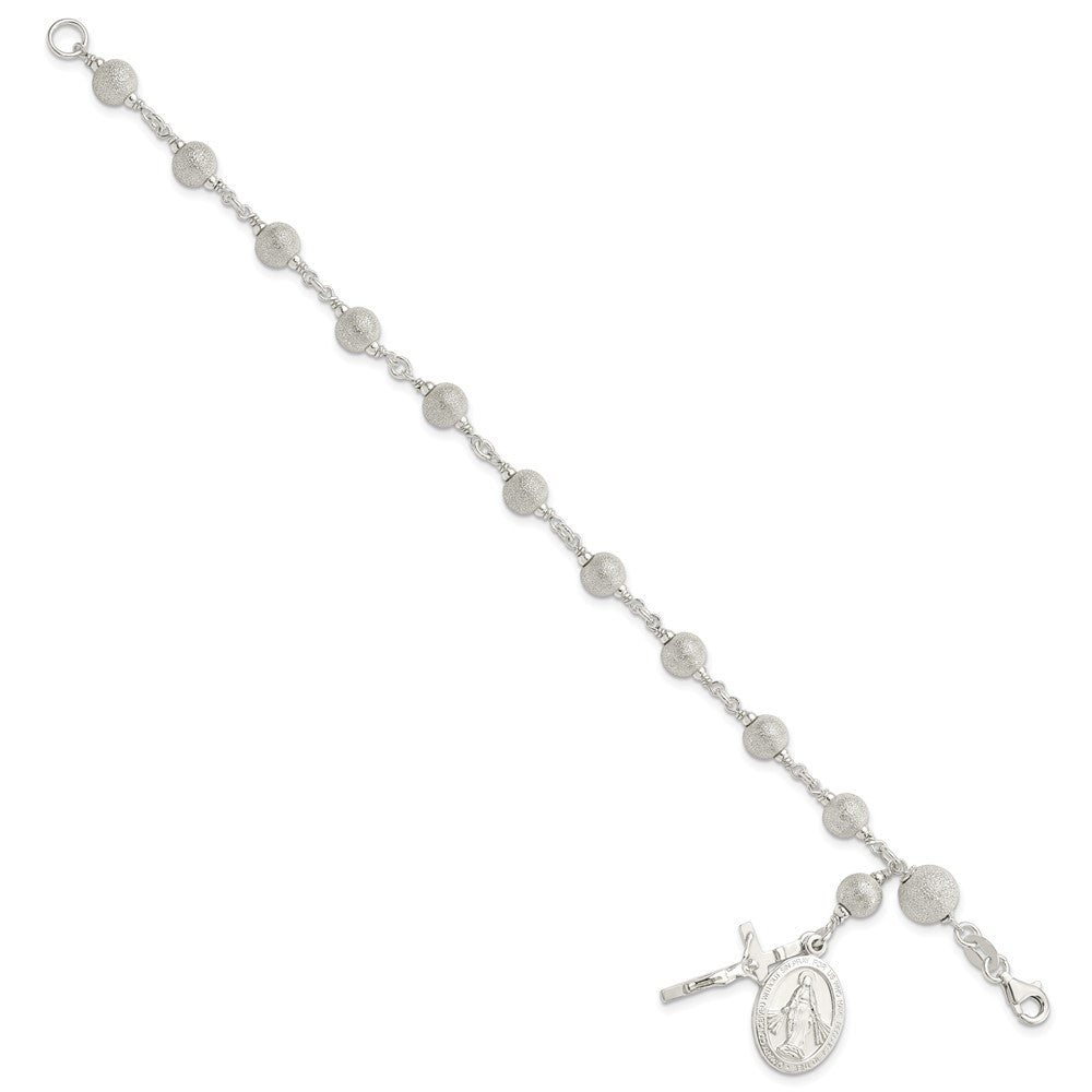 7.75 Zoll Sterlingsilber Poliert Lasergraviert-cut Rosenkranz Armband