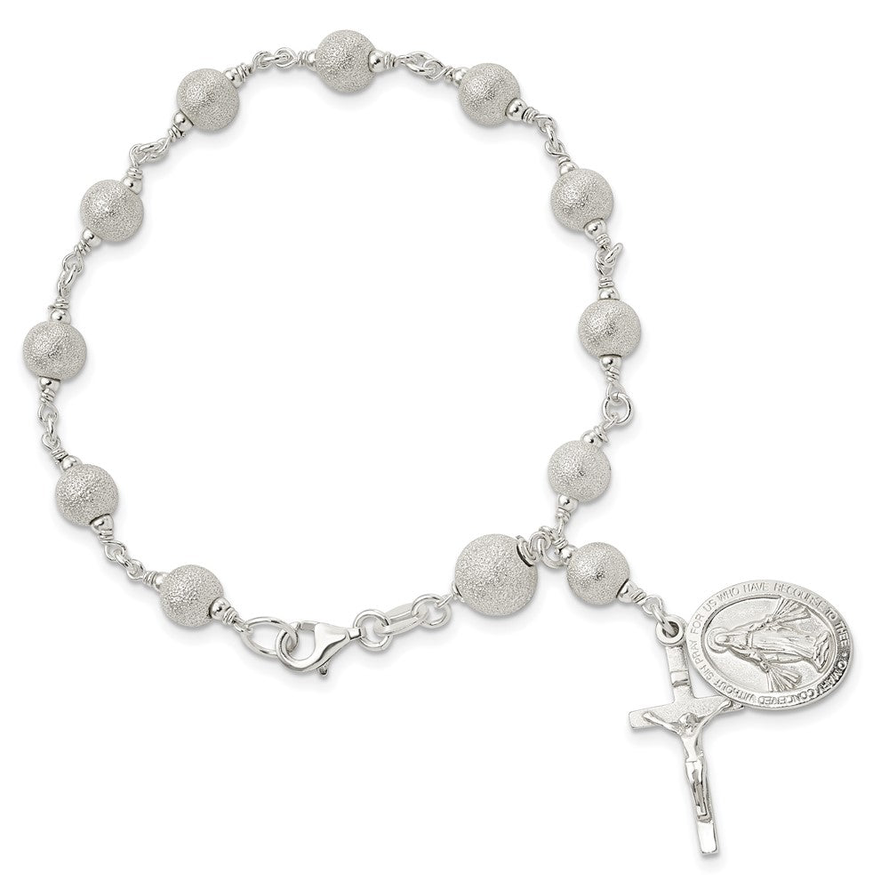 7.75 Zoll Sterlingsilber Poliert Lasergraviert-cut Rosenkranz Armband