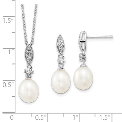 Sterlingsilber Rhodiniert 8-9mm Fwc Perle Zirkonia Halskette/earring Set