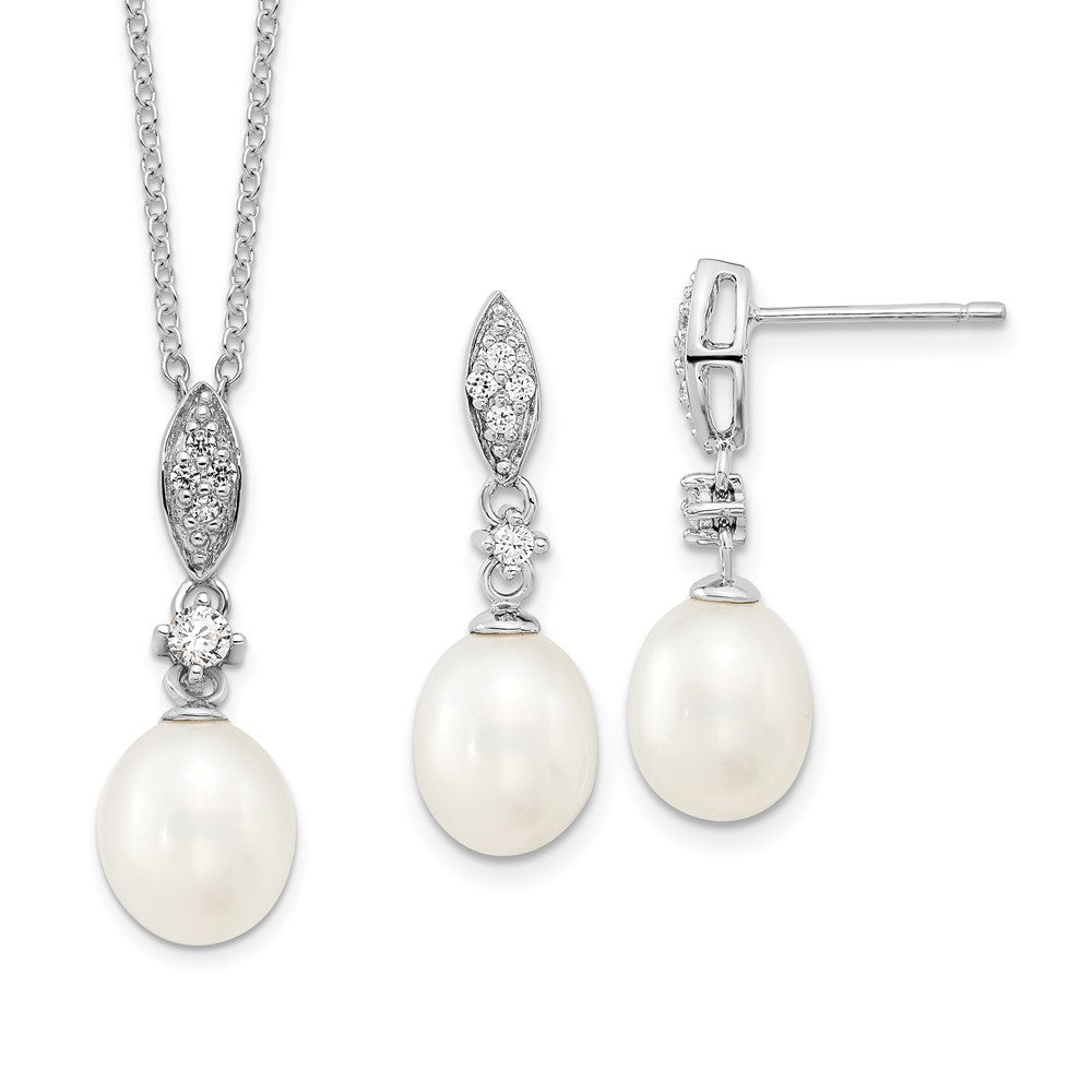 Sterlingsilber Rhodiniert 8-9mm Fwc Perle Zirkonia Halskette/earring Set