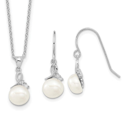Sterlingsilber Rhodiniert 7-8mm Fwc Perle Zirkonia Halskette/earring Set