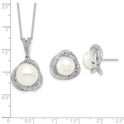 Sterlingsilber Rhodiniert 10-12mm Fwc Perle Zirkonia Halskette/earring Set