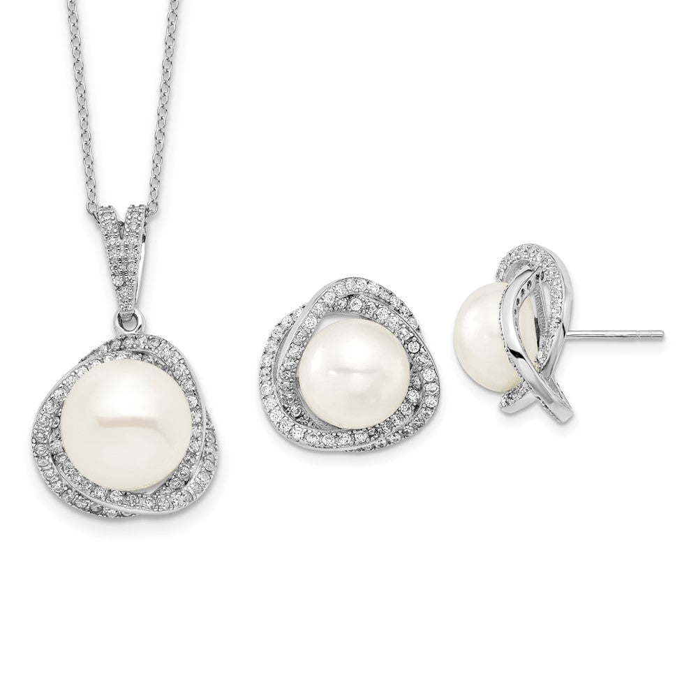 Sterlingsilber Rhodiniert 10-12mm Fwc Perle Zirkonia Halskette/earring Set