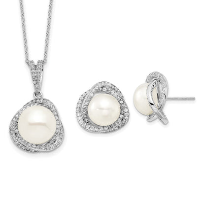 Sterlingsilber Rhodiniert 10-12mm Fwc Perle Zirkonia Halskette/earring Set