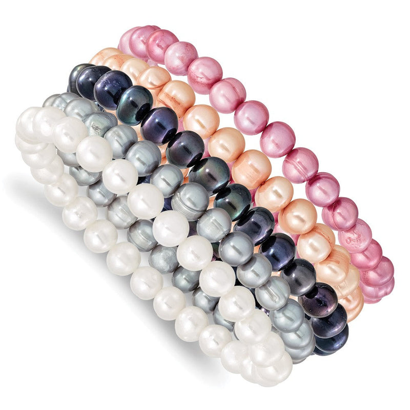 Mode 7-8mm Weiß/grey/black/pink/purple Süßwasser Zuchtperle Dehnbar 5 Stück Armband Set