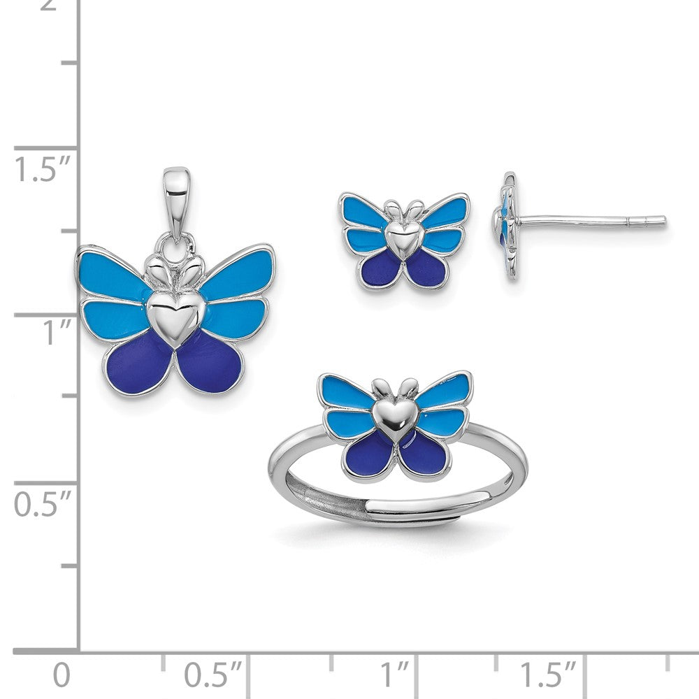 Sterlingsilber Rhodiniert Poliert & Emailliert Schmetterling Kinder Ohrring Ring Anhänger Set