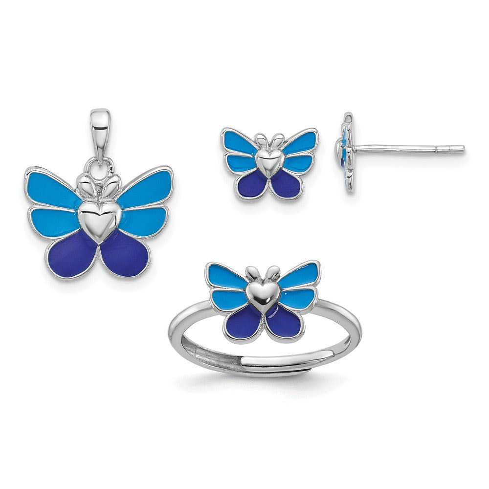 Sterlingsilber Rhodiniert Poliert & Emailliert Schmetterling Kinder Ohrring Ring Anhänger Set