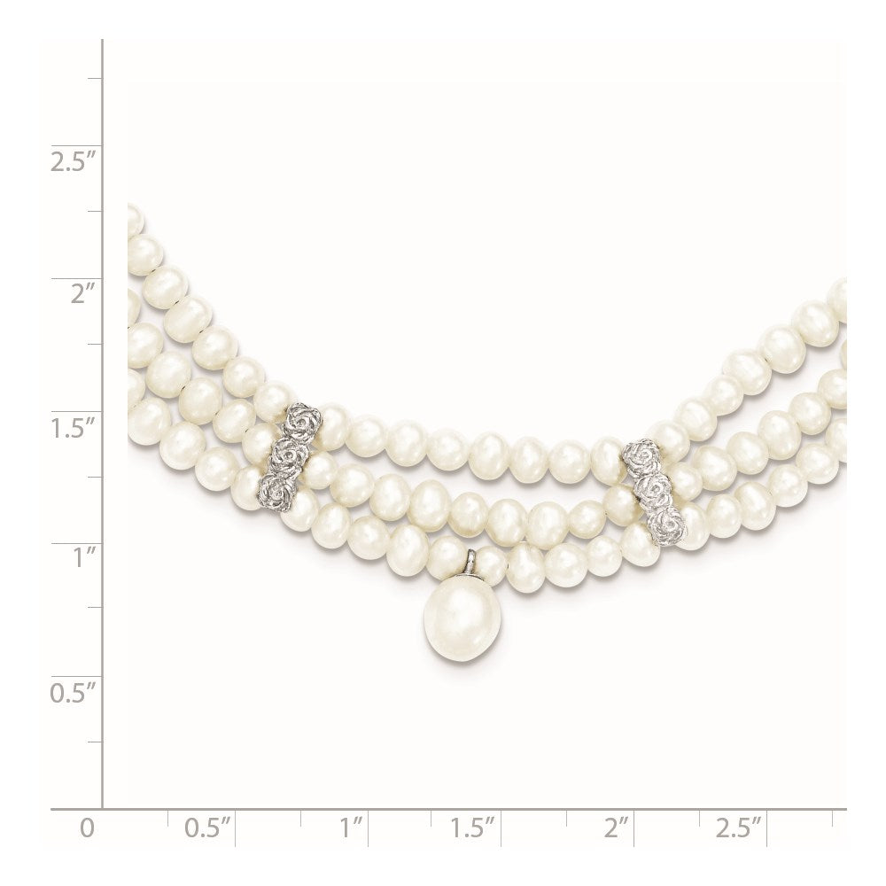 Sterlingsilber & Fw Zuchtperle 3 Reihe mit Perle Spacer Halskette