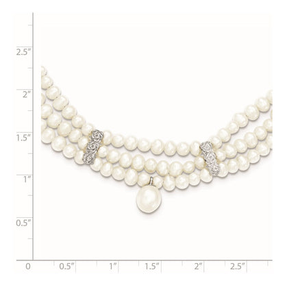 Sterlingsilber & Fw Zuchtperle 3 Reihe mit Perle Spacer Halskette