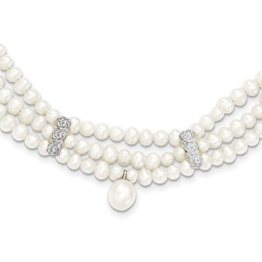 Sterlingsilber & Fw Zuchtperle 3 Reihe mit Perle Spacer Halskette