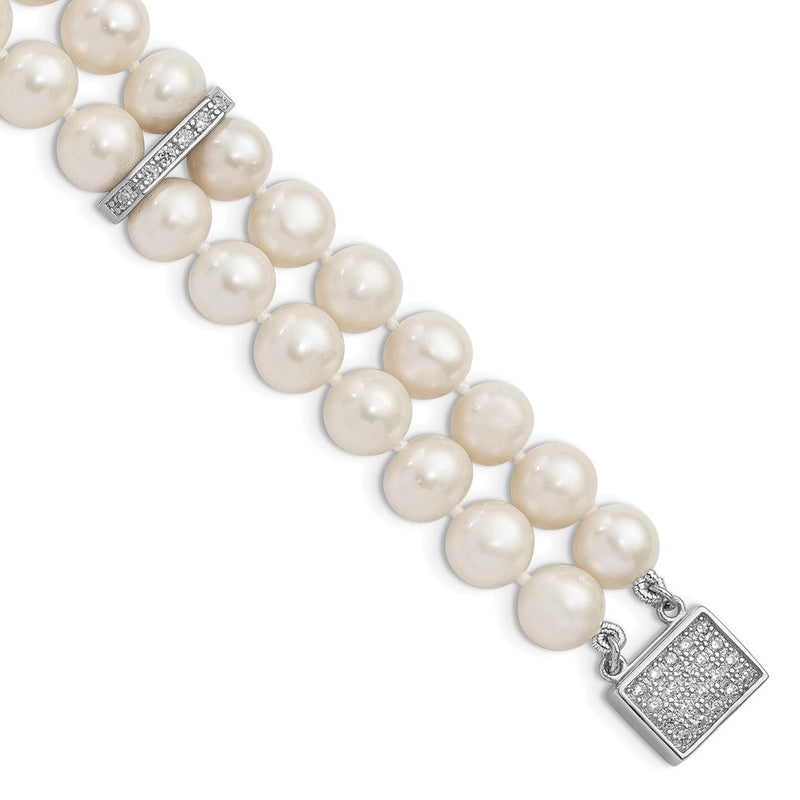 7 Zoll Sterlingsilber Rhodium 7-8mm Weiß Fwc Perle 2-strand Zirkonia Fantasie Armband