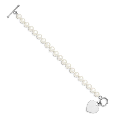 7.5 Zoll Sterlingsilber Rhodium 8-9mm Weiß Fwc Perle Herz Knebel Armband
