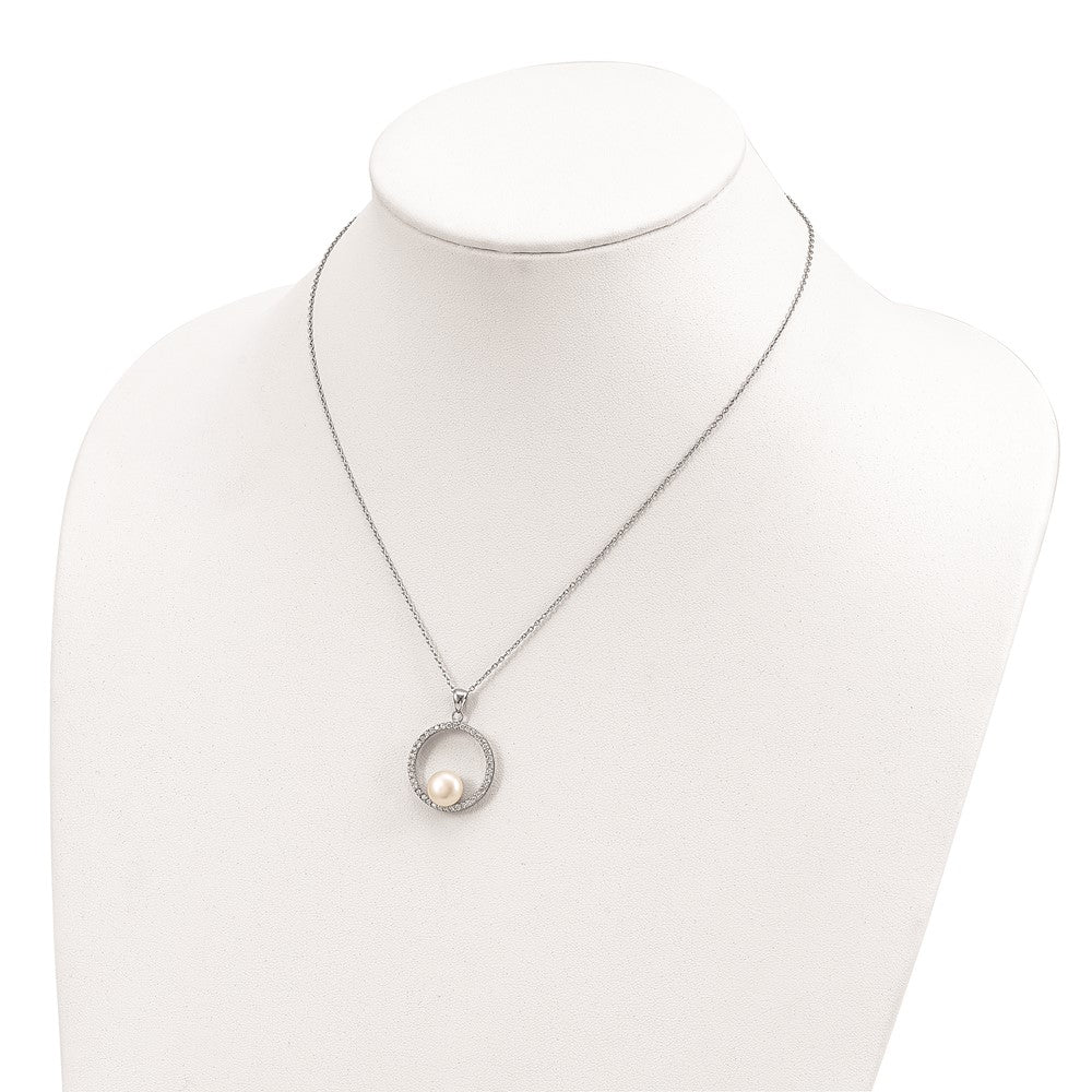 Sterlingsilber Rhodiniert 8-9mm Weiß Fwc Perle und Zirkonia Halskette