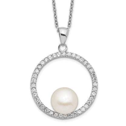 Sterlingsilber Rhodiniert 8-9mm Weiß Fwc Perle und Zirkonia Halskette