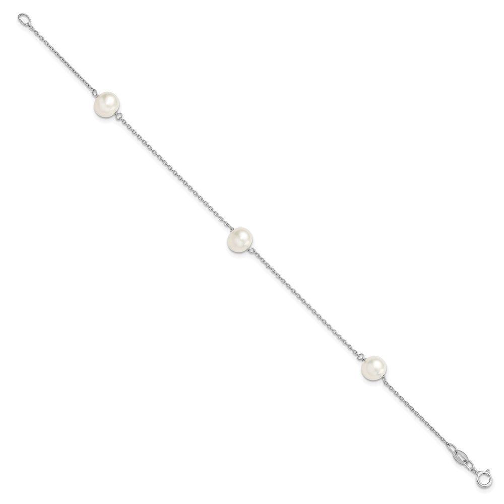 7.5 Zoll Sterlingsilber Rhodiniert 3-stat 7-8mm Weiß Halb-round Fwc Perle Armband