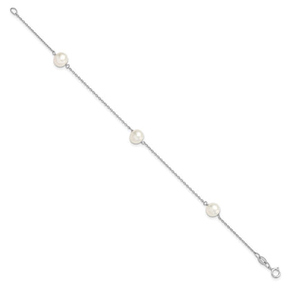 7.5 Zoll Sterlingsilber Rhodiniert 3-stat 7-8mm Weiß Halb-round Fwc Perle Armband