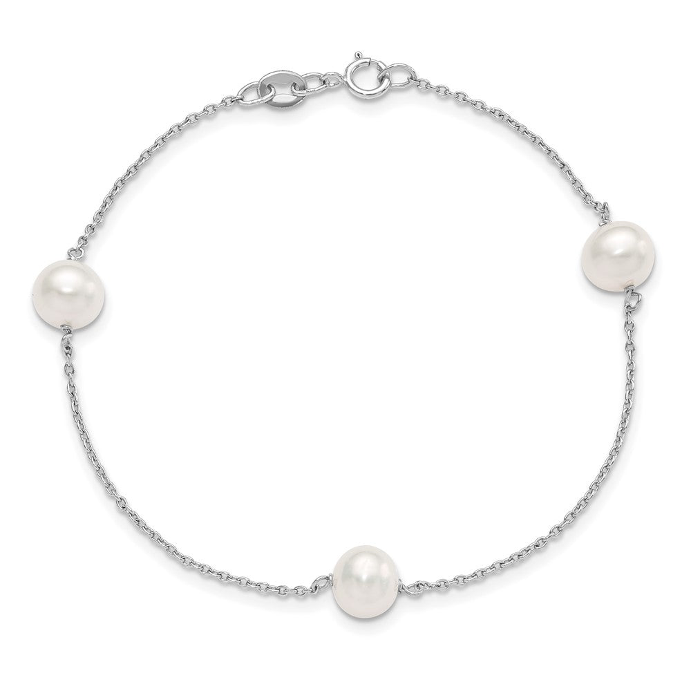 7.5 Zoll Sterlingsilber Rhodiniert 3-stat 7-8mm Weiß Halb-round Fwc Perle Armband