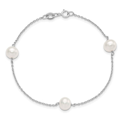 7.5 Zoll Sterlingsilber Rhodiniert 3-stat 7-8mm Weiß Halb-round Fwc Perle Armband