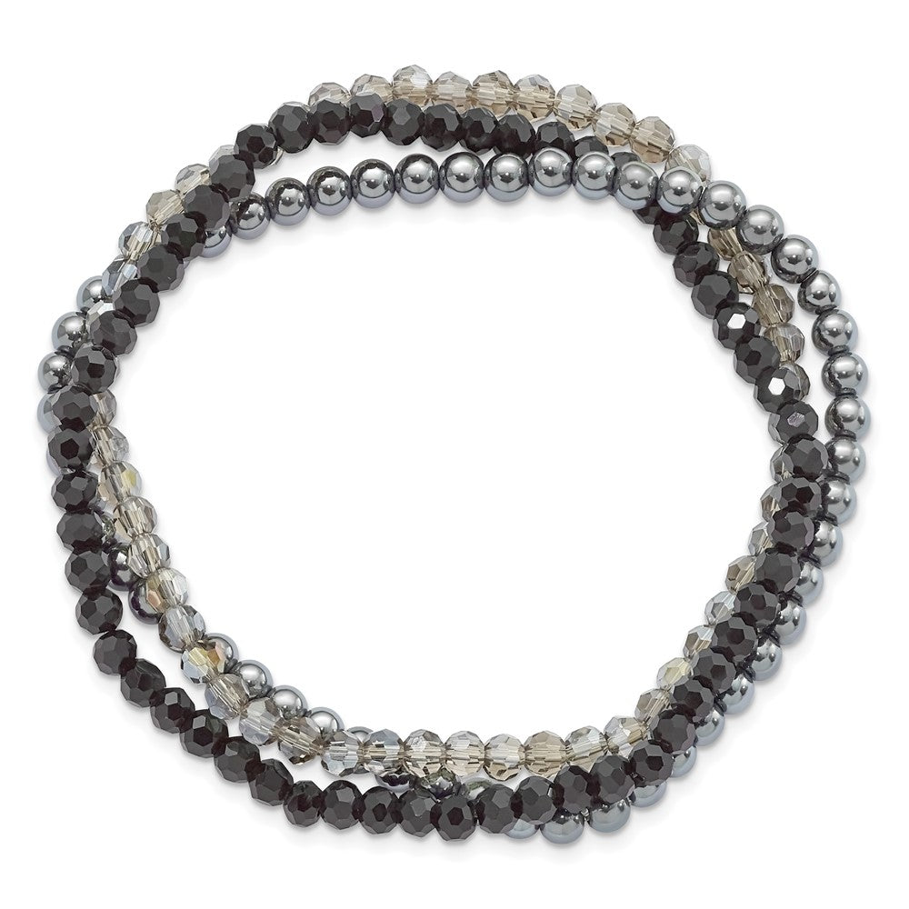 Sterlingsilber Schwarz und Rauch Kristall, Hematite 3pce Dehnbar Armband