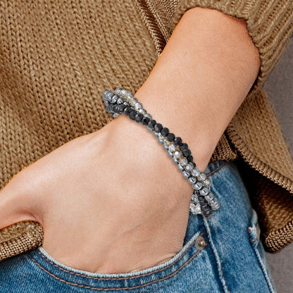 Sterlingsilber Schwarz und Rauch Kristall, Hematite 3pce Dehnbar Armband